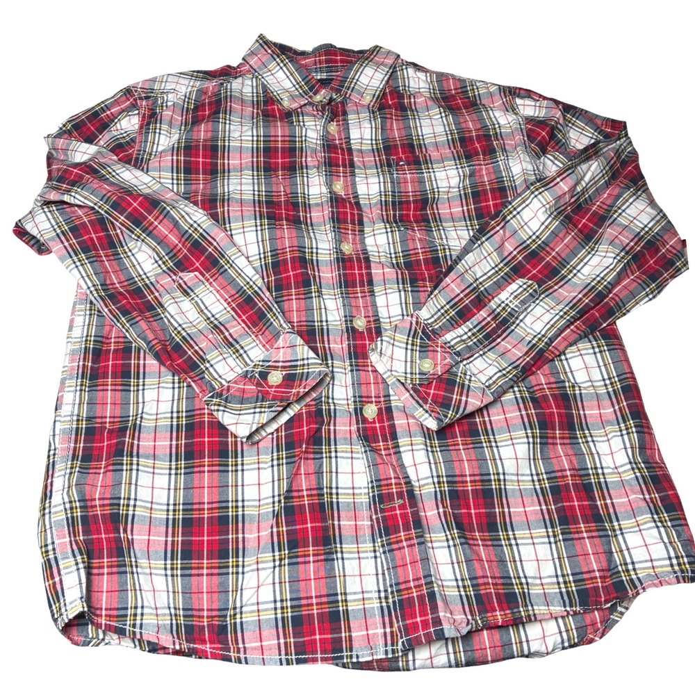 Tommy Hilfiger Boys Plaid Button Down Shirt Red Navy Cotton Preppy M 12 14